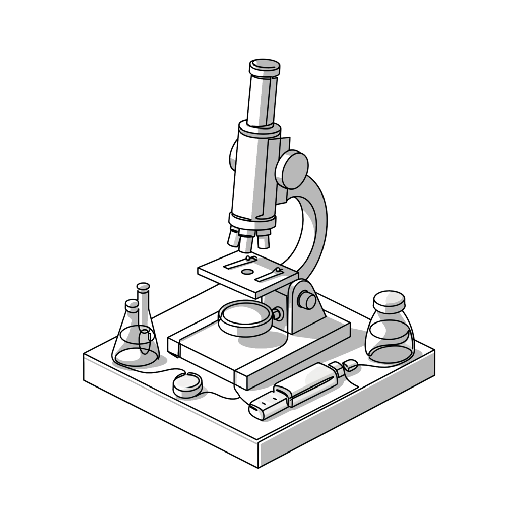 Isometric line illustration of a microscope and laboratory glassware