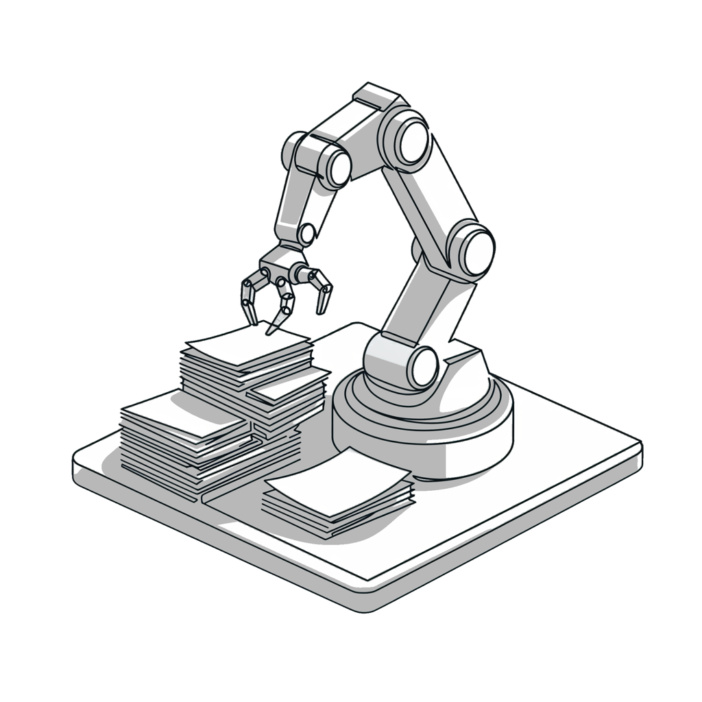 Isometric line illustration of a robotic arm sorting documents