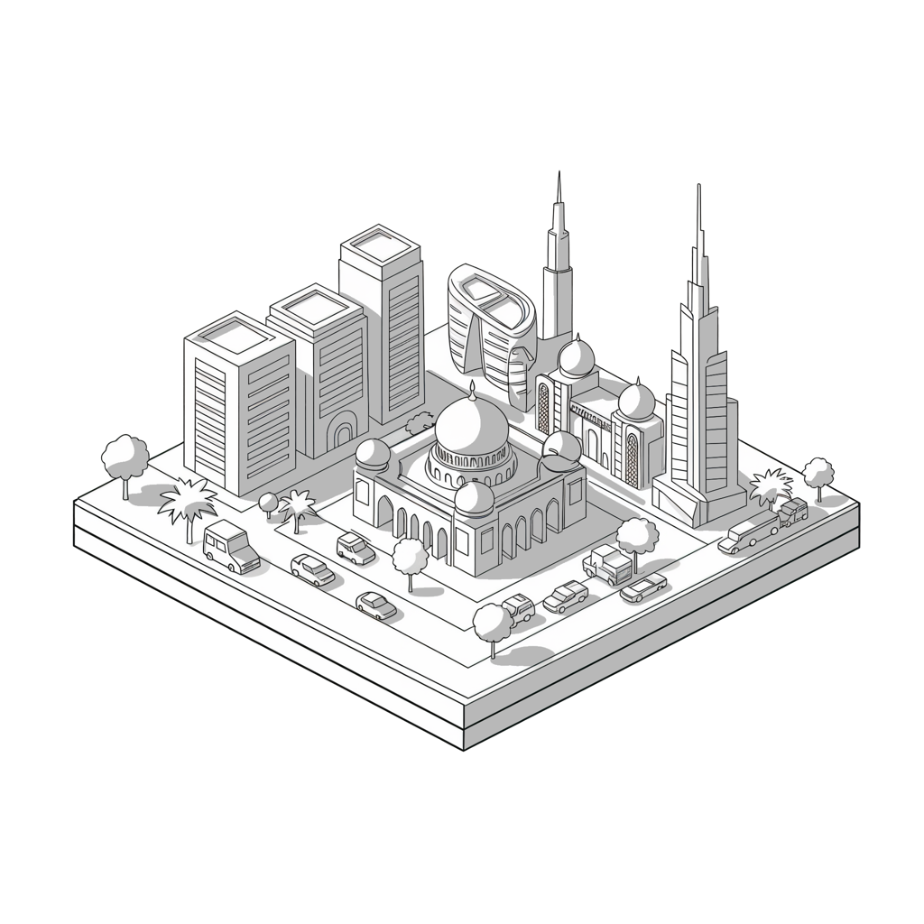 Isometric line illustration of Abu Dhabi
